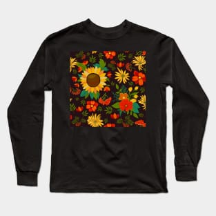 Autumn pattern with sunflowers and berries on dark brown Long Sleeve T-Shirt